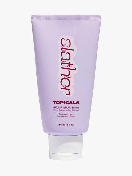 Topicals Slather Exfoliating Body Serum in branded tube component on a light gray background