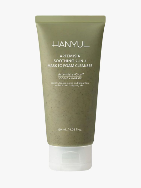 Hanyul Artemisia Soothing 2-in-1 Mask to Foam Cleanser in branded tube component on a light gray background