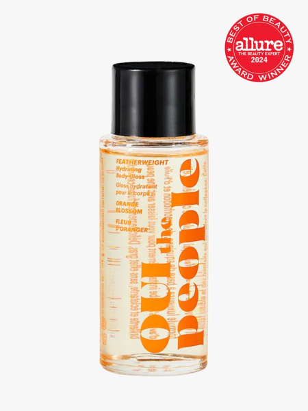 Oui the People Featherweight Hydrating Body Gloss in branded component on a light gray background with best of beauty 2024 seal in the top right corner